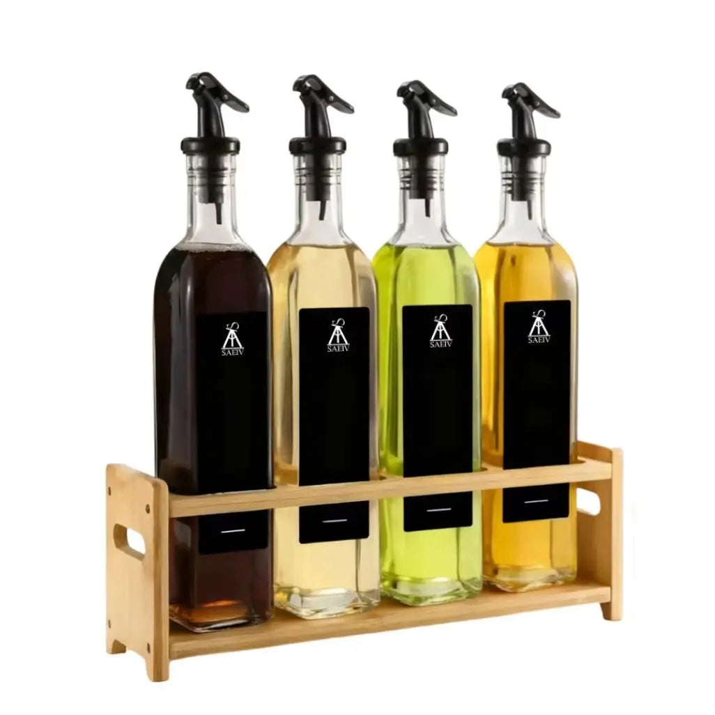 Set de 4 bouteilles à huile en verre avec support en bambou - Nesty (vue 9)