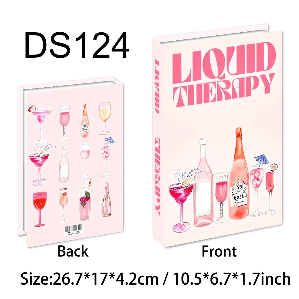 Faux livre décoratif boîte de rangement style nordique, couverture Liquid Therapy, illustrations de cocktails sur fond rose (vue 34) - Nesty