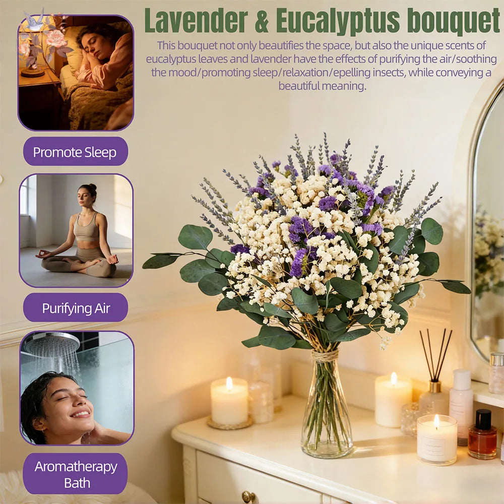 Bouquet lavande et eucalyptus séchés dans un vase en verre entouré de bougies allumées, avec photos d'usage bien-être - Nesty