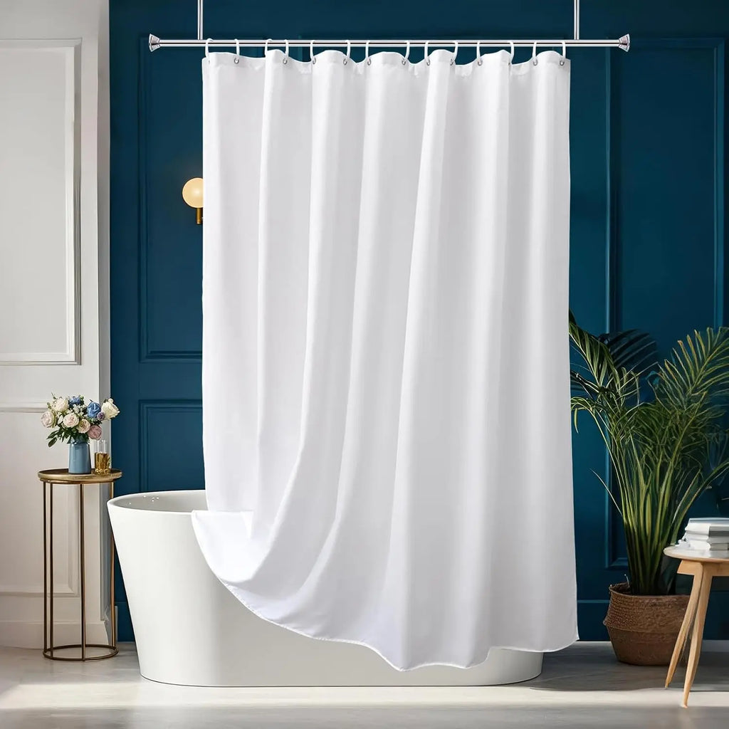 Rideau de douche blanc en polyester doux, ourlet lesté et renforcé - Nesty (vue 1)