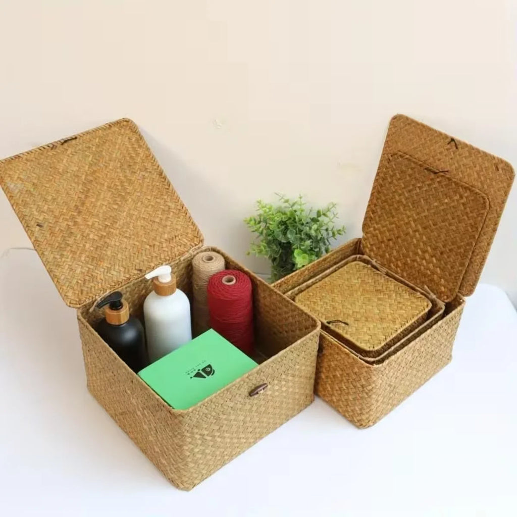 Lot de 4 boîtes de rangement tressées en jonc de mer avec couvercle (vue 6) - Nesty