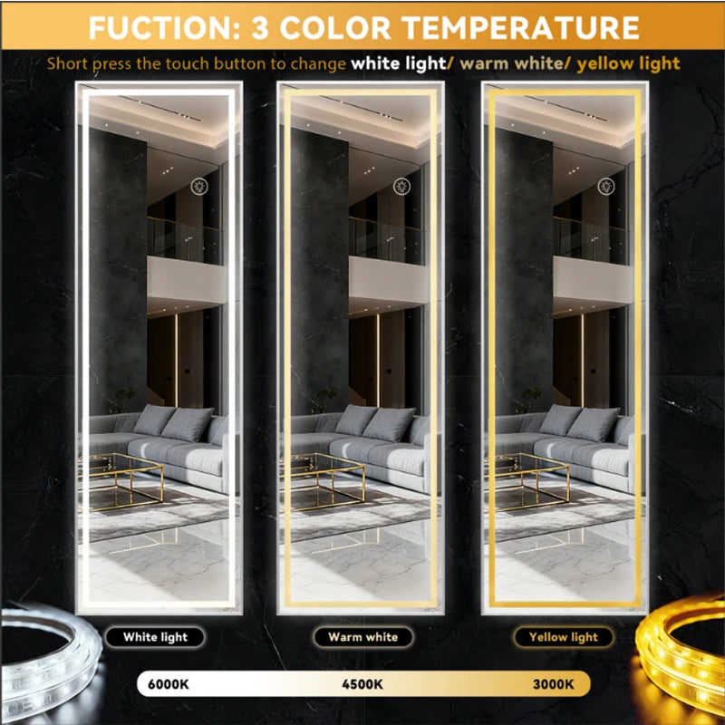 Miroir psyché LED Nesty - Comparaison des trois températures de lumière, blanche, blanc chaud et jaune