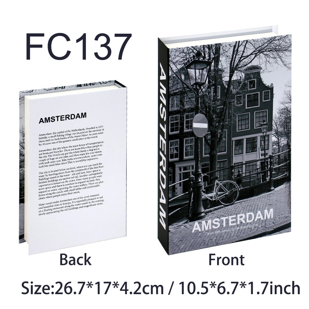 Faux livre décoratif boîte de rangement style nordique, couverture Amsterdam, photo noir et blanc de maisons de canal et vélo (vue 26) - Nesty