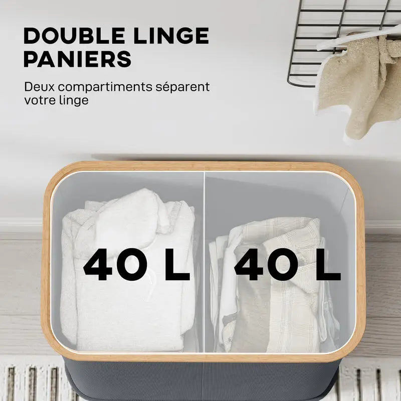 Panier à linge pliable gris Nesty - Vue de dessus montrant les deux compartiments de 40 L chacun, avec linge plié