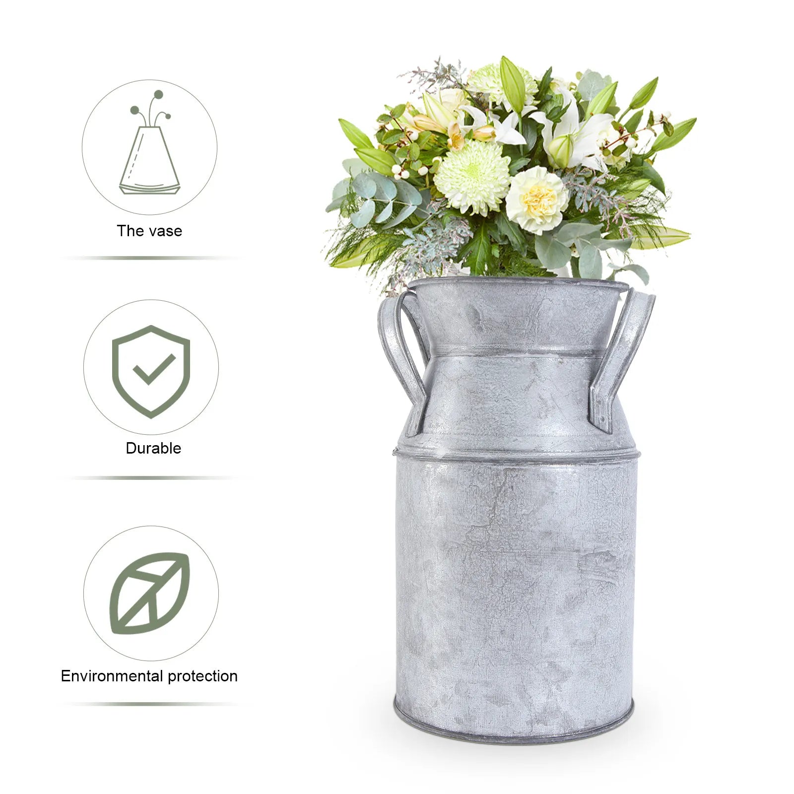 Vase seau en métal patiné Nesty - Pictogrammes durabilité et éco-conception, avec bouquet de fleurs blanches (texte en anglais)
