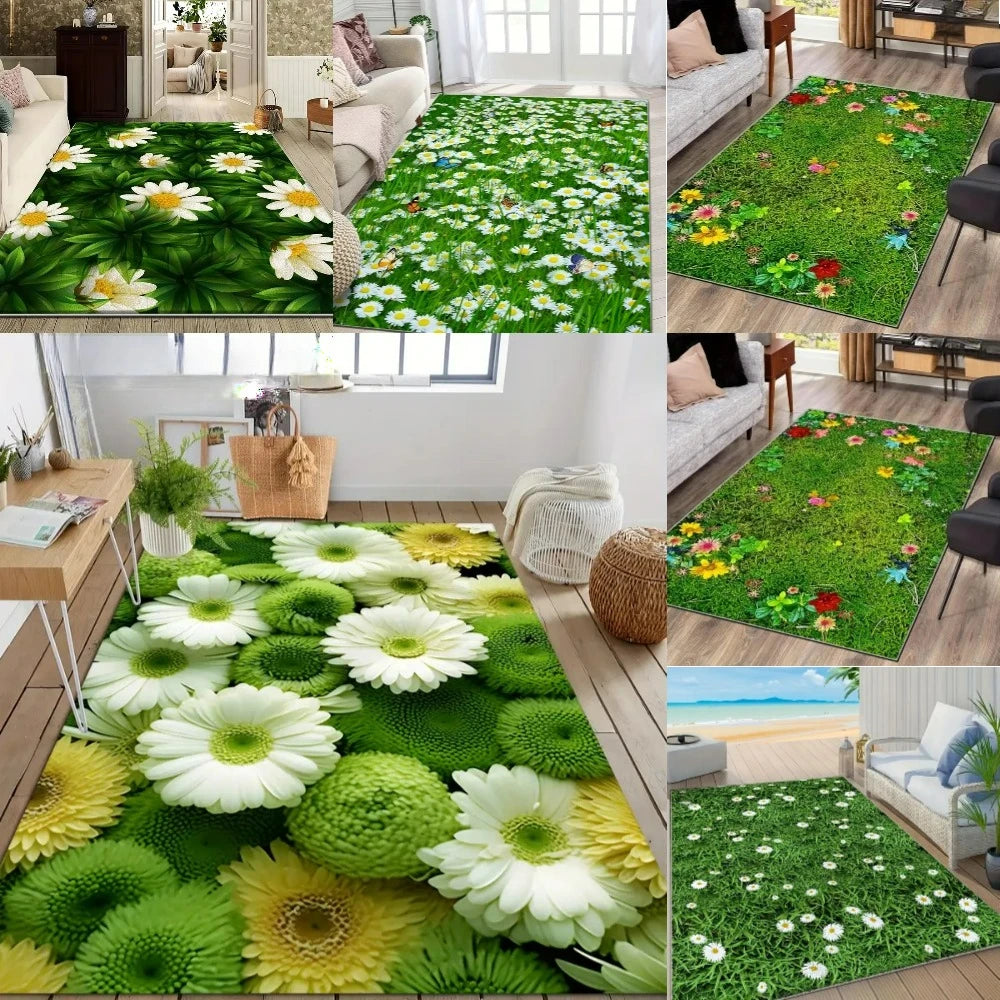 Tapis à motif marguerites pour chambre et salon Nesty - Collage de plusieurs coloris : marguerites blanches et vertes, prairie fleurie, fleurs multicolores
