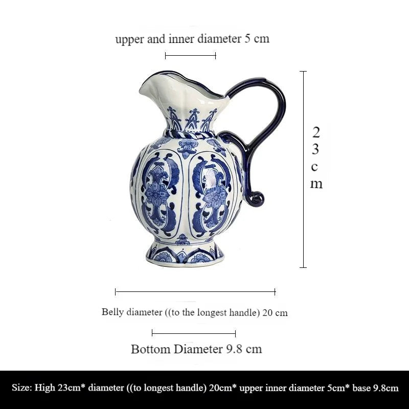 Vase en porcelaine bleu et blanc, motif ancien Nesty, schéma des dimensions du pichet, hauteur 23 cm, diamètre du ventre 20 cm, base 9,8 cm