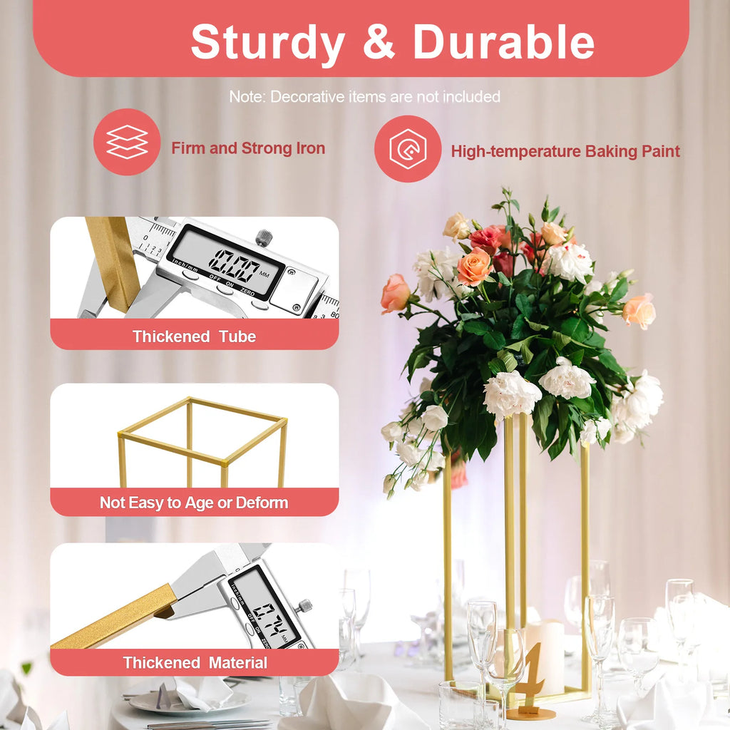 Support floral en métal doré Nesty - Visuel 'Sturdy & Durable', détails de l'épaisseur du tube et table de mariage fleurie (texte en anglais)