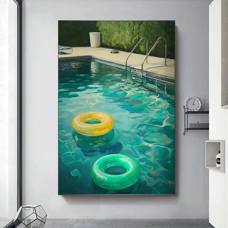 Toile imprimée nageuse et bassin Nesty - Affiche encadrée d'une piscine turquoise avec bouées jaune et verte flottantes