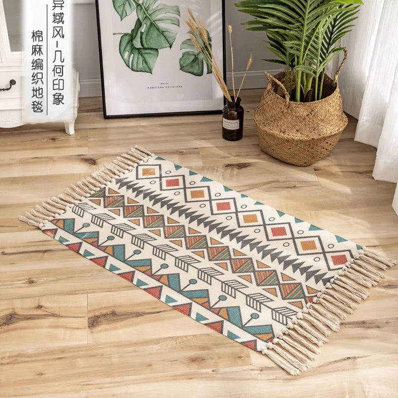 Tapis tissé main en coton et lin — franges bohème - Nesty (vue 2)