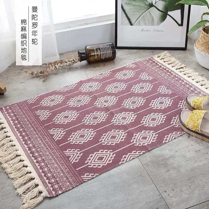 Tapis tissé main en coton et lin — franges bohème - Nesty (vue 6)