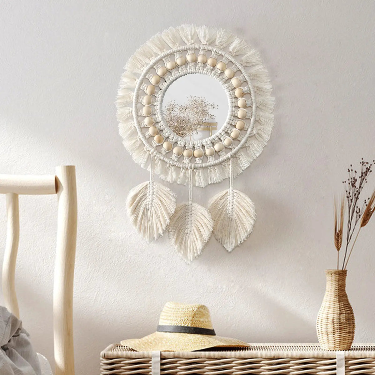Miroir mural macramé rond, cadre tressé esprit maquillage (vue 13) - Nesty