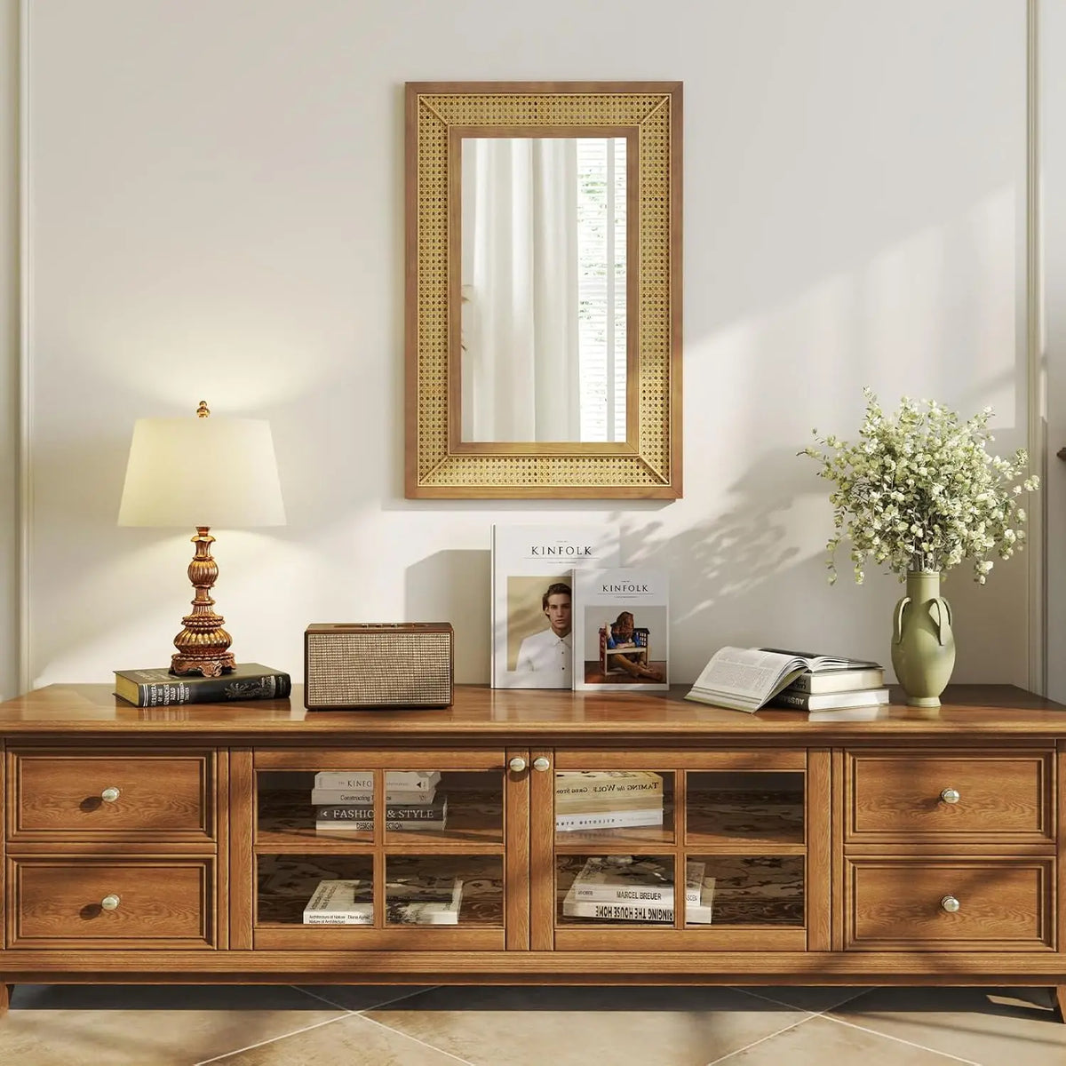 Miroir mural en rotin Nesty - Accroché au mur au-dessus d'un buffet en bois avec lampe, enceinte et livres