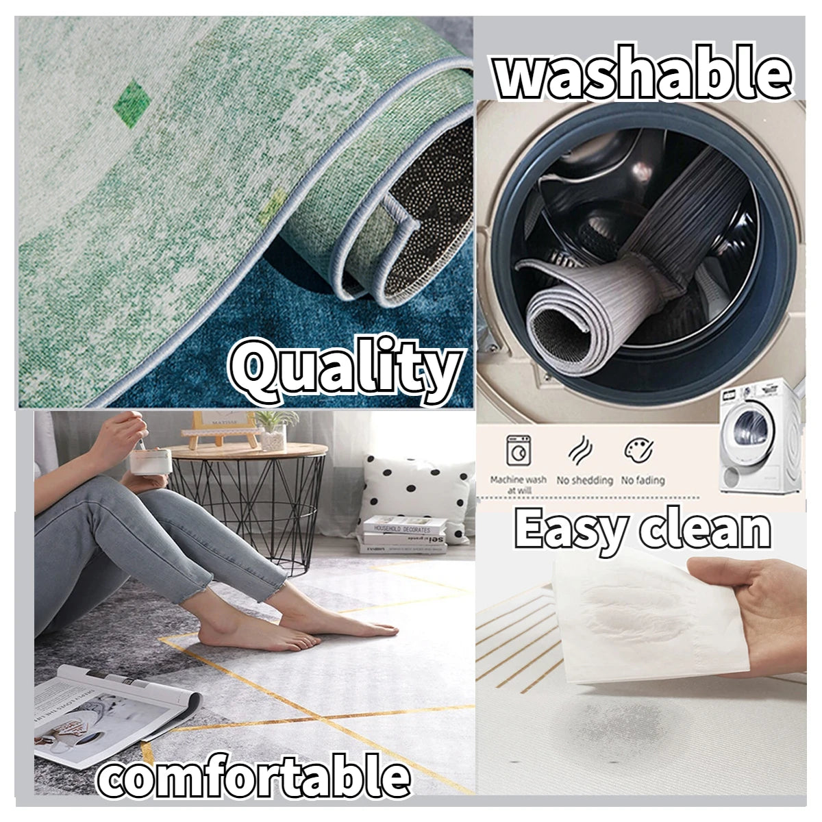 Tapis à motif géométrique sans peluches pour salon Nesty - Collage des caractéristiques : qualité, lavable en machine, facile à nettoyer, confortable