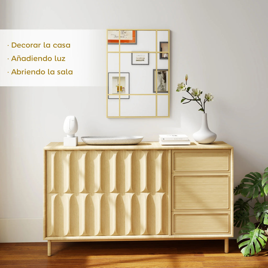 Miroir mural façon fenêtre Nesty - Cadre doré au-dessus d'une commode, reflet de cadres muraux, visuel publicitaire en espagnol