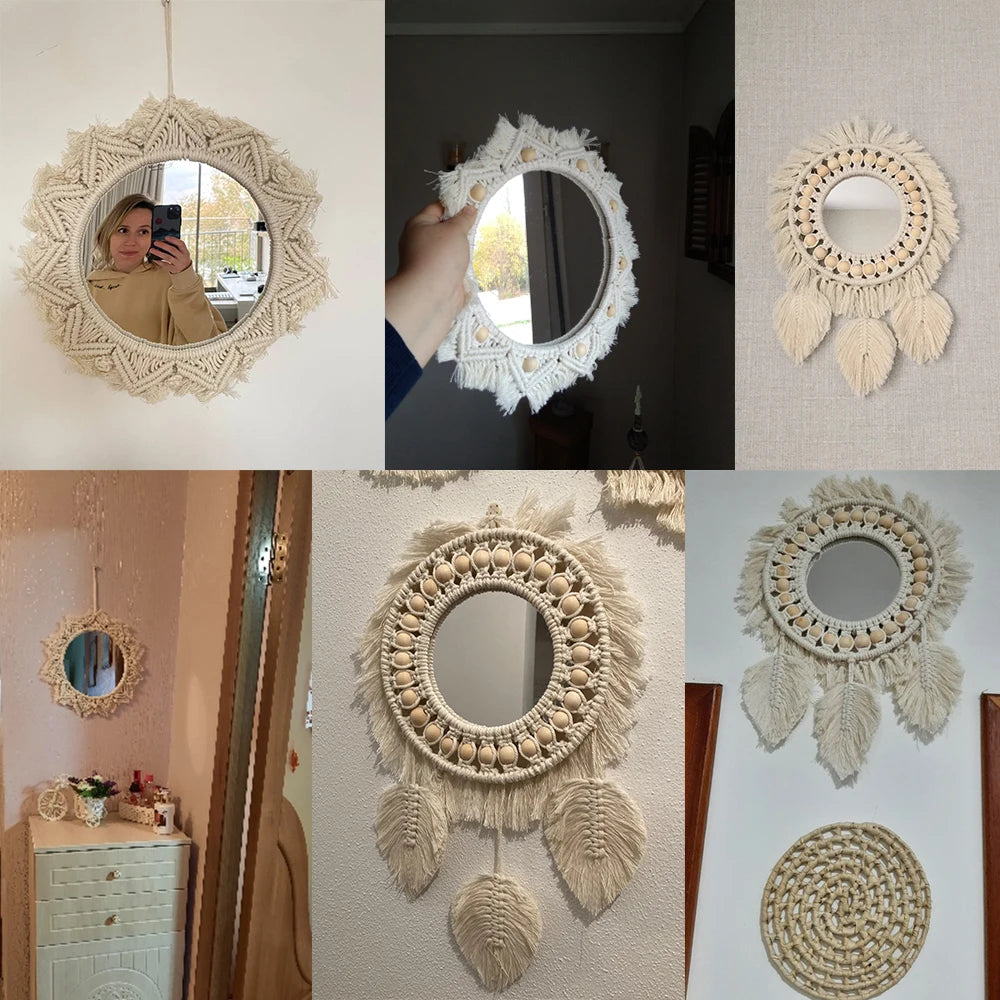 Collage photos clients : miroirs muraux macramé à perles et plumes tressées, dans différents intérieurs - Nesty