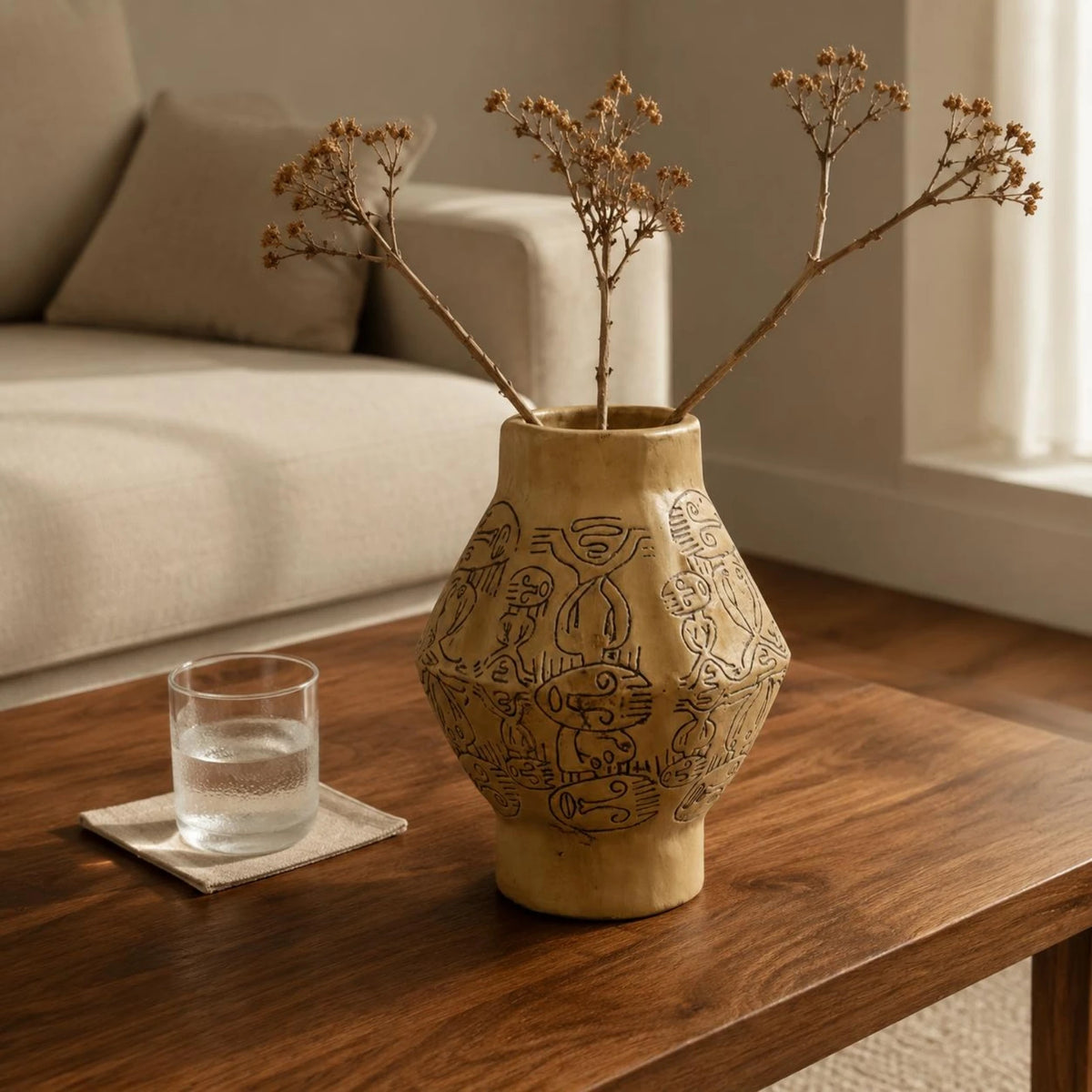 Vase en résine sculptée peint à la main, esprit wabi-sabi Nesty, vase jaune ocre à motifs gravés, garni de brindilles séchées, sur table basse avec canapé beige