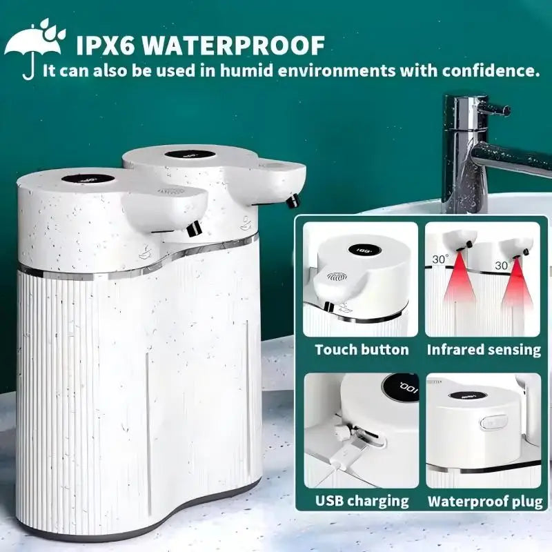 Distributeur de savon automatique sans contact, double tête Nesty, distributeur sous l'eau d'un robinet avec mentions "IPX6 Waterproof", vignettes bouton tactile, détection infrarouge, charge USB et prise étanche