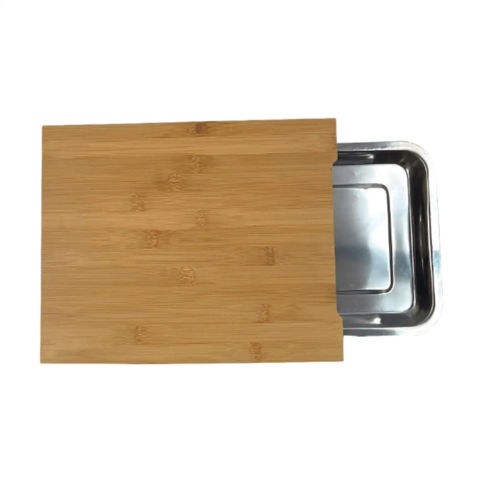 Planche à découper en bois avec plateau de service intégré Nesty, vue de dessus, plateau en inox vide sous la planche coulissante en bambou