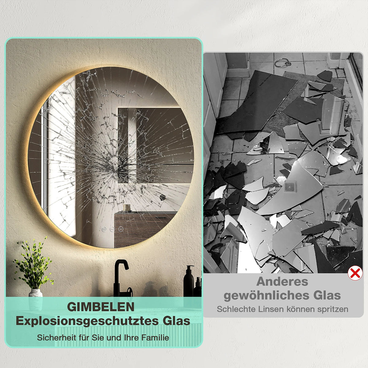 Miroir de salle de bain rond LED 60 cm Nesty - Comparaison verre antichoc brisé en toile d'araignée contre verre ordinaire éclaté