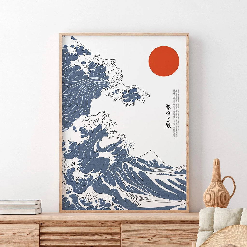 Toile murale vague japonaise Nesty - Cadre en bois clair, posé sur une console