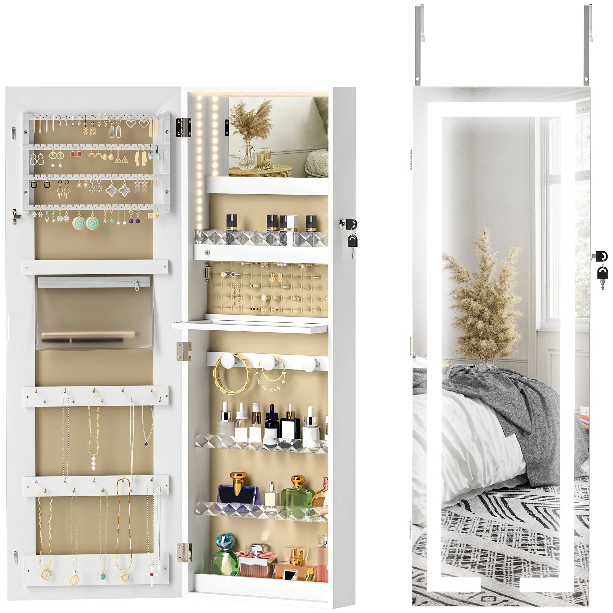 Miroir armoire à bijoux Nesty - Ouvert avec rangements à bijoux, boucles d'oreilles et bagues, fermé avec crochets muraux