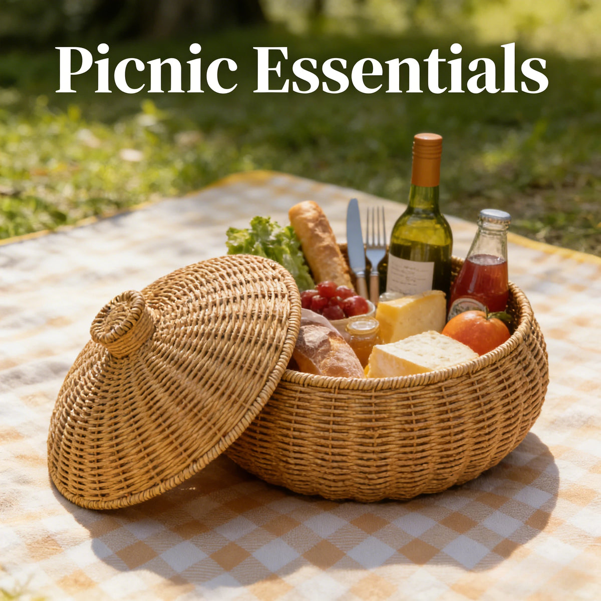 Panier rond tressé effet rotin avec couvercle, pour pain et fruits Nesty, panier garni de vin, fromage, baguette, raisins et confiture sur nappe à carreaux en extérieur, texte Picnic Essentials