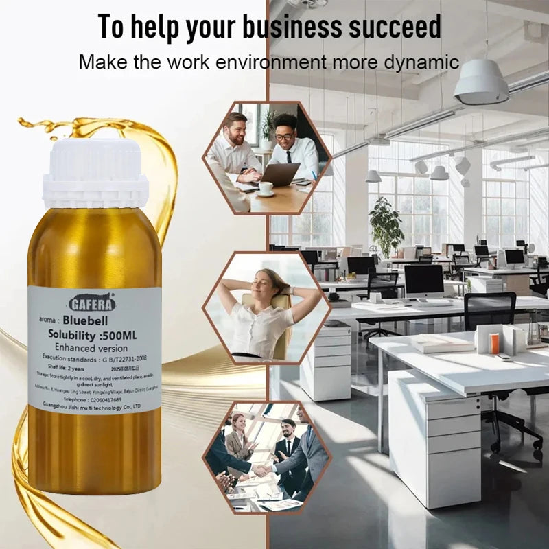 Recharge huile parfumée pour diffuseur Nesty - Flacon doré mis en scène dans un environnement de bureau professionnel