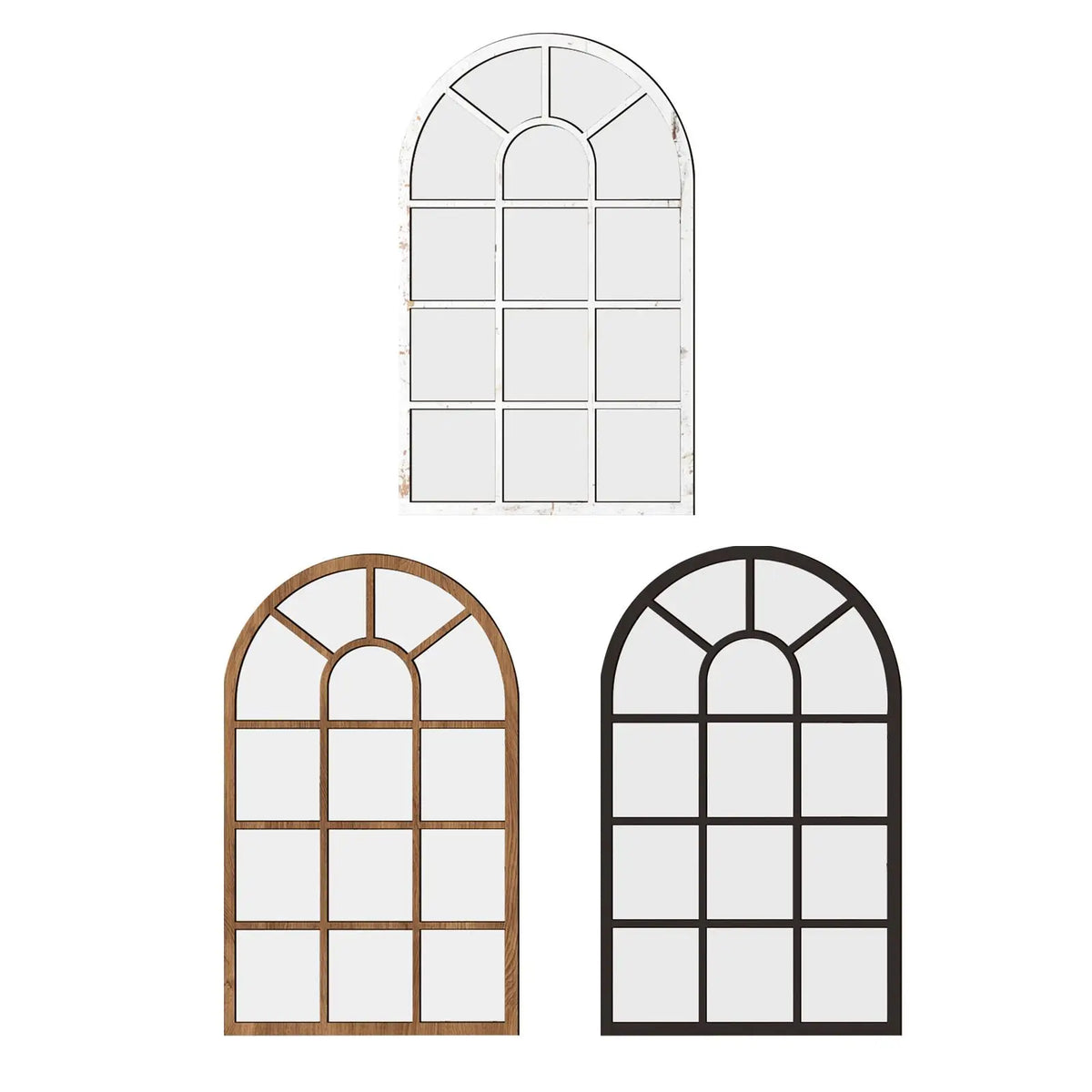 Miroir fenêtre en bois et acrylique Nesty - Trois coloris, trois coloris de cadre présentés côte à côte, blanc vieilli, bois naturel et noir, forme fenêtre cintrée à petits carreaux