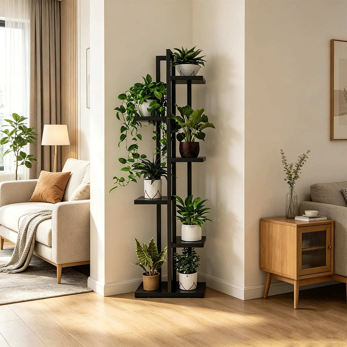 Étagère à plantes en bois à 6 niveaux Nesty, étagère noire à niveaux échelonnés garnie de plantes vertes, dans un angle de salon près d'un fauteuil beige