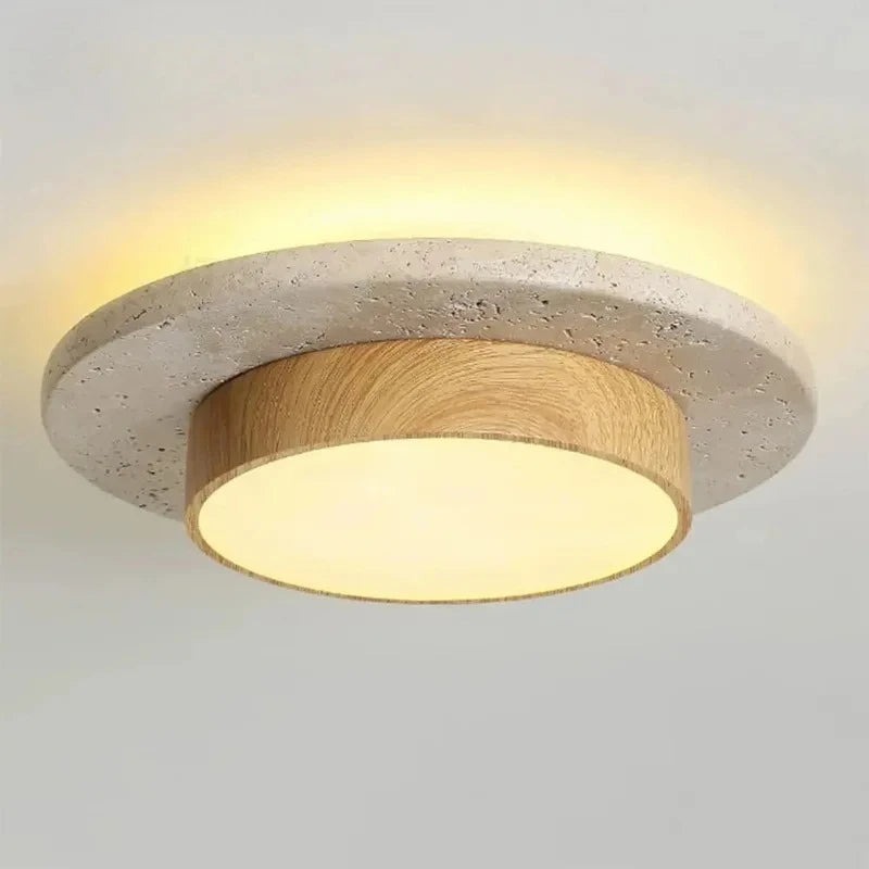 Plafonnier rond en pierre et bois Nesty - Plafonnier rond effet pierre beige avec cercle en bois clair et lumière chaude
