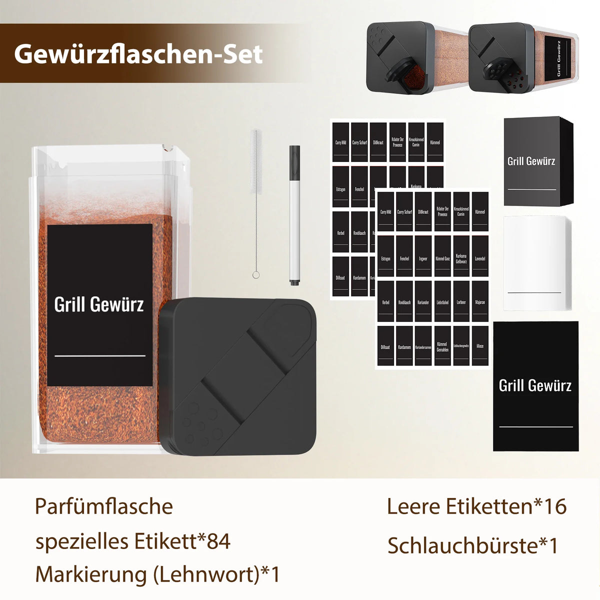 Set de bocaux à épices en verre avec étiquettes Nesty, kit "Gewürzflaschen-Set" en allemand : bocal à épices avec étiquette, brosse de nettoyage, feutre, planches d'étiquettes vierges, boîte d'emballage noire