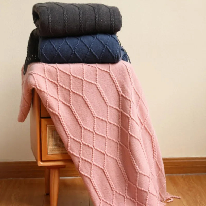 Plaid tricoté épais rose à franges (vue 5) - Nesty