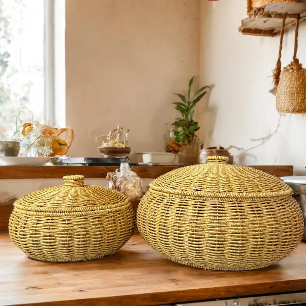 Panier rond tressé effet rotin avec couvercle, pour pain et fruits (vue 6) - Nesty