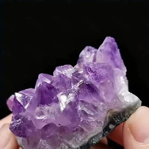 Améthyste brute naturelle Nesty - Gros plan sur les pointes violettes, fond noir