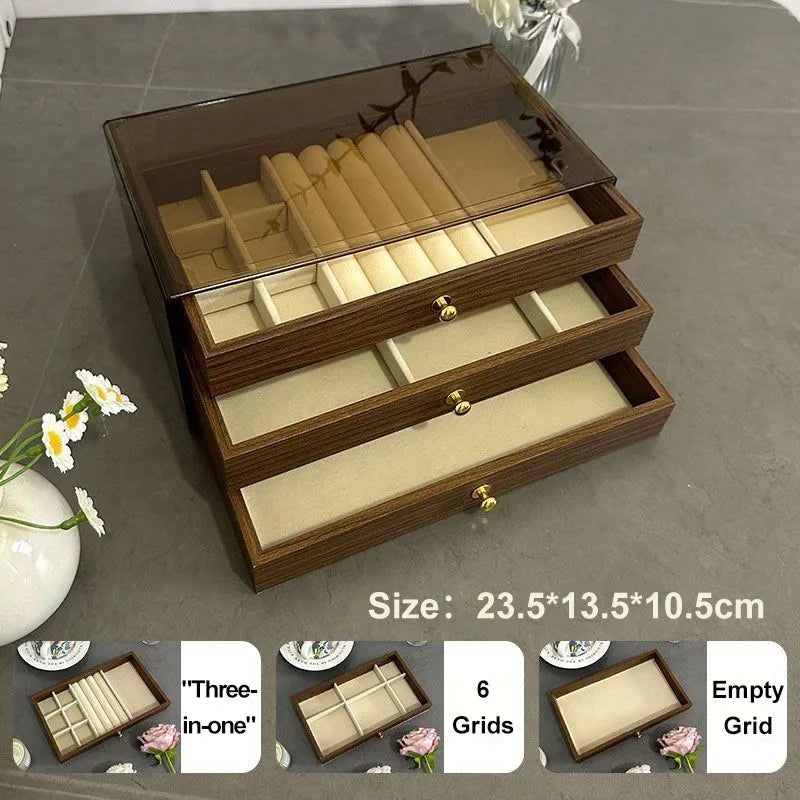 Boîte à bijoux en bois à tiroirs Nesty - Vue en angle des tiroirs ouverts, variantes de compartiments 'trois en un' et 6 cases