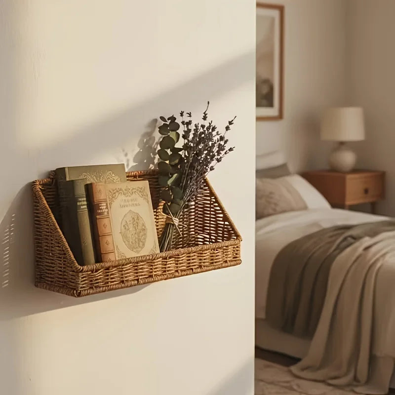 Panier mural tressé en rotin avec crochets, rangement rustique - Nesty (vue 1)