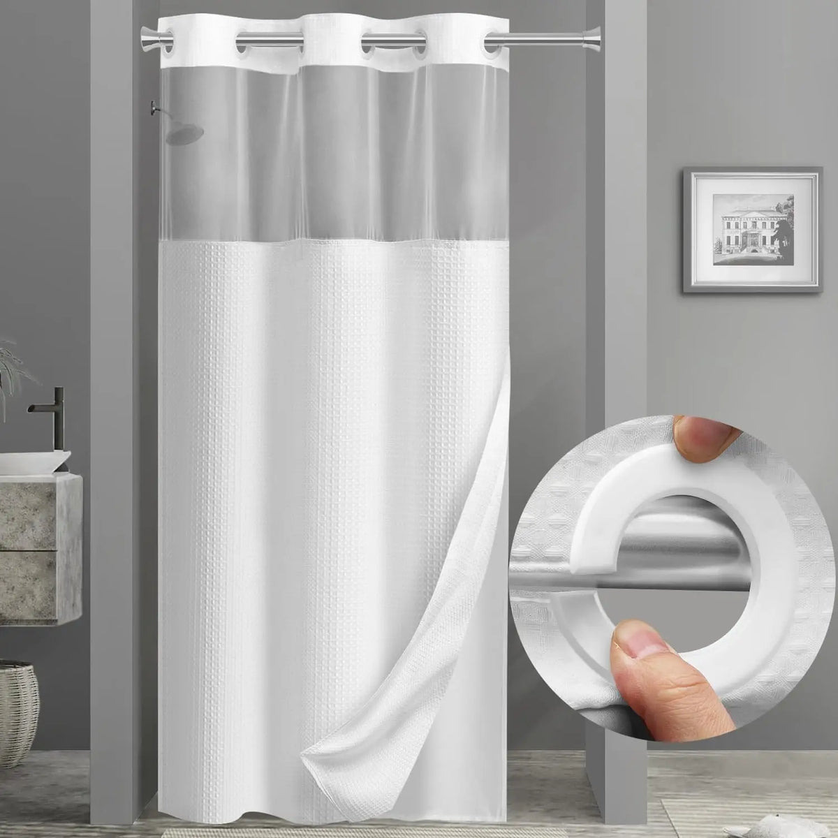 Rideau de douche gaufré blanc à clips — set sans crochets - Nesty (vue 1)
