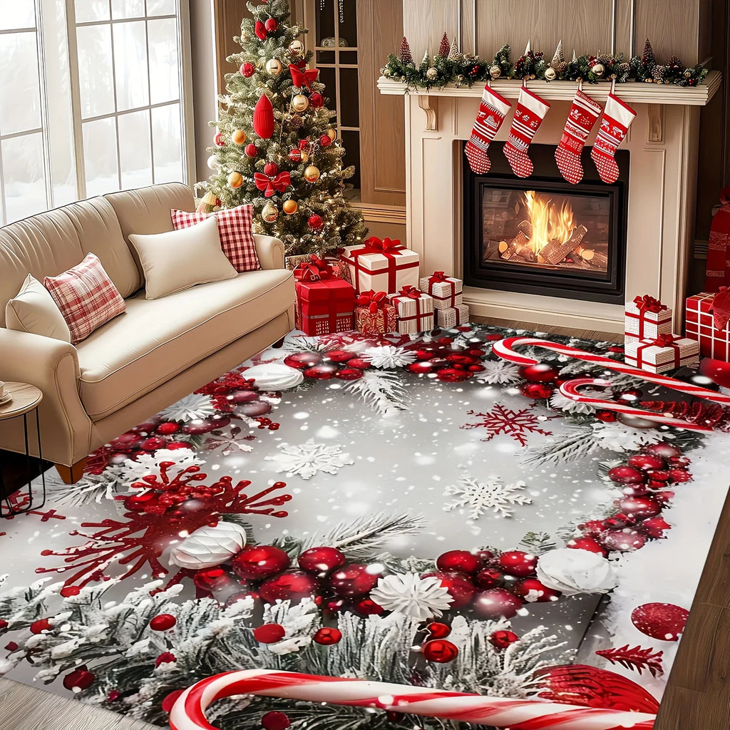 Tapis rectangulaire à motif de couronne de Noël rouge et blanche sur fond gris, posé devant une cheminée allumée décorée de chaussettes de Noël.