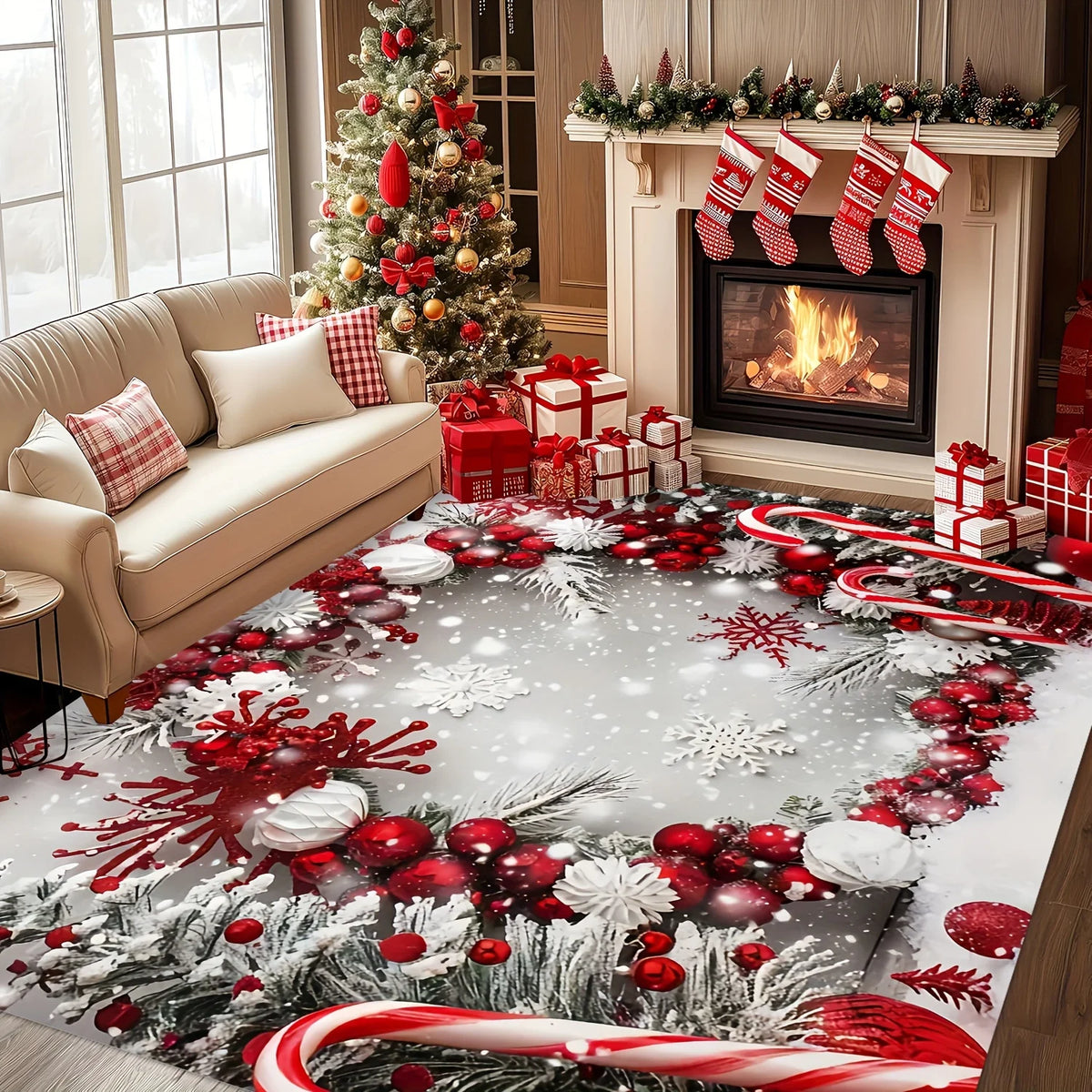 Tapis rectangulaire à motif de couronne de Noël rouge et blanche sur fond gris, posé devant une cheminée allumée décorée de chaussettes de Noël.