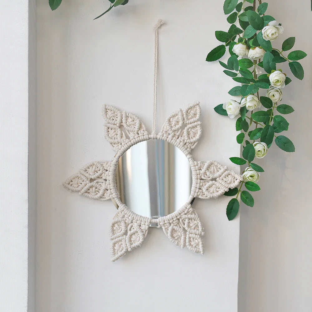 Petit miroir mural macramé rond, cadre blanc tressé (vue 10) - Nesty