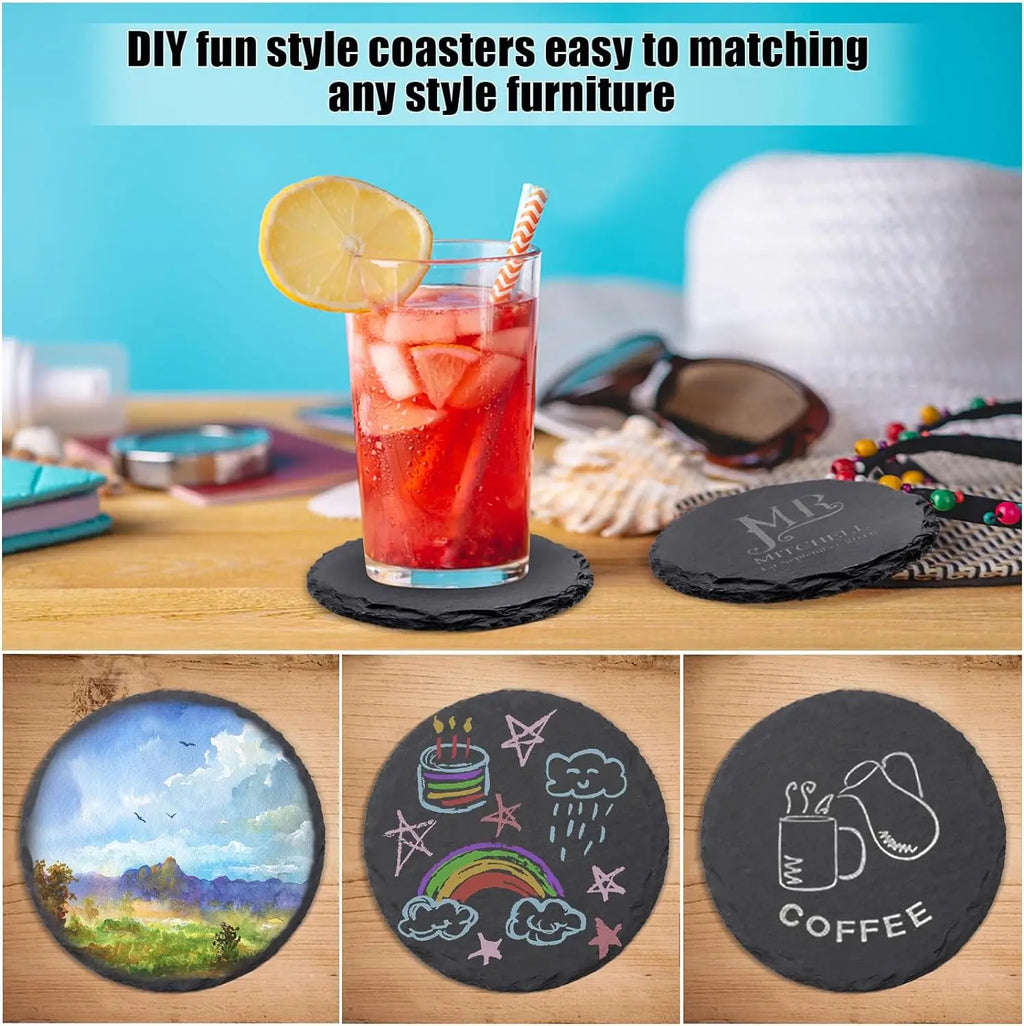 Dessous de verre en ardoise personnalisables, avec verre de cocktail au citron, et exemples gravés (paysage, dessin d'enfant, tasse de café) - Nesty