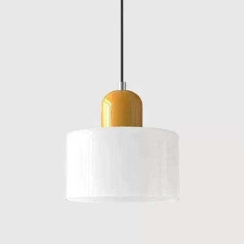 Suspension luminaire pour chevet et salle à manger, abat-jour cylindrique blanc et culot jaune moutarde (vue 25) - Nesty
