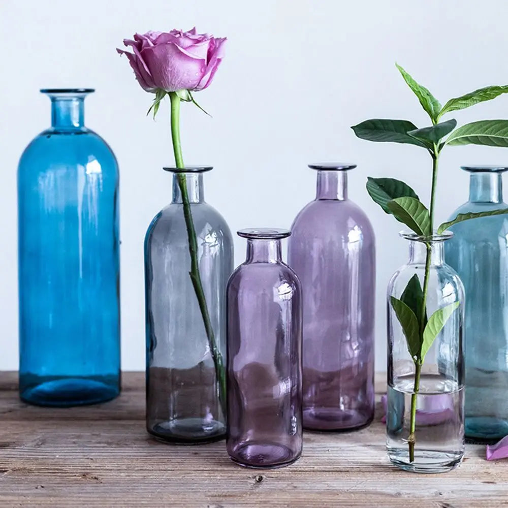 Vase en verre pour bouture hydroponique Nesty - Cinq coloris avec une rose rose et un feuillage vert, sur table en bois