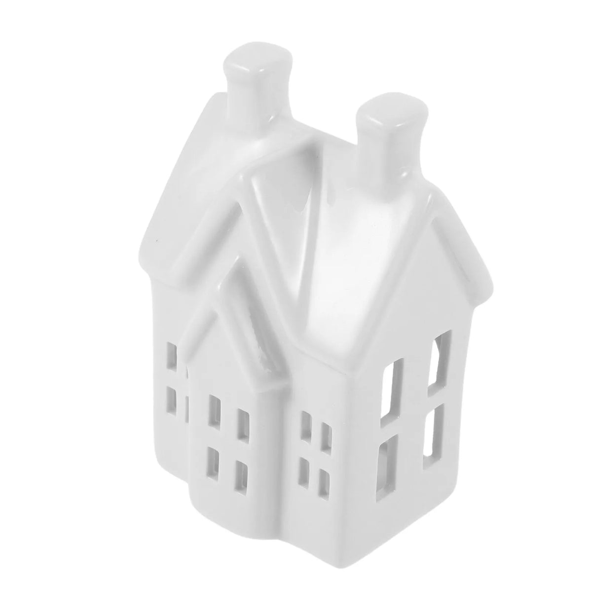 Photophore maisonnette ajourée en céramique Nesty - Vue de biais de la maisonnette, visuel Christmas Candle Holder avec scènes hôtel, mariage, salon et bureau