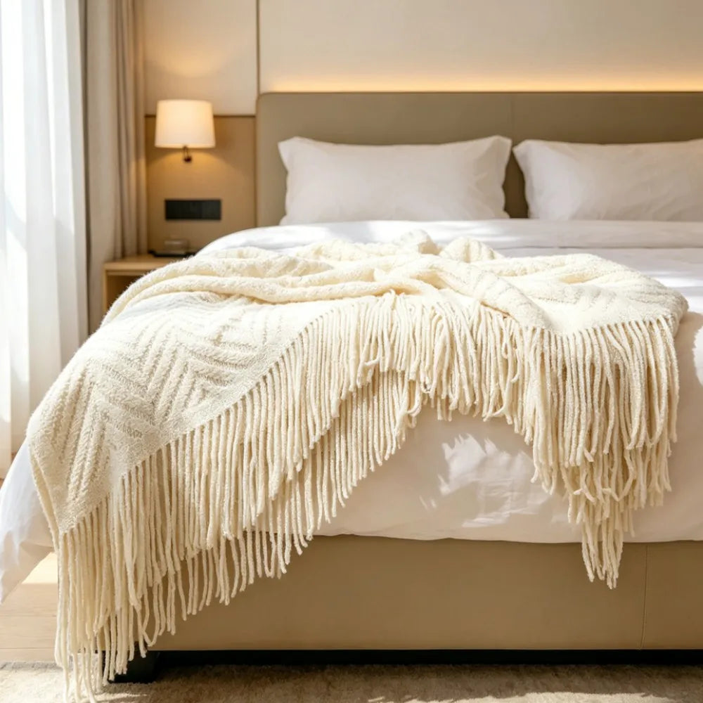 Plaid tricoté crème à franges Nesty - Étalé sur lit de chambre d'hôtel, motif chevrons et longues franges