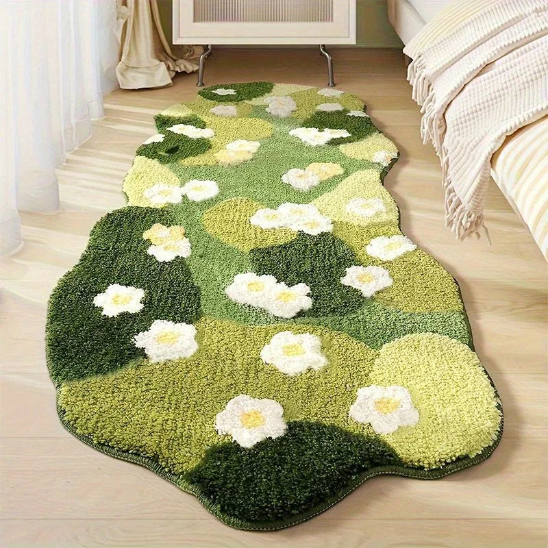 Tapis de chevet en forme libre à motif de fleurs blanches sur fond de patchwork vert, posé au sol au pied d'un lit.