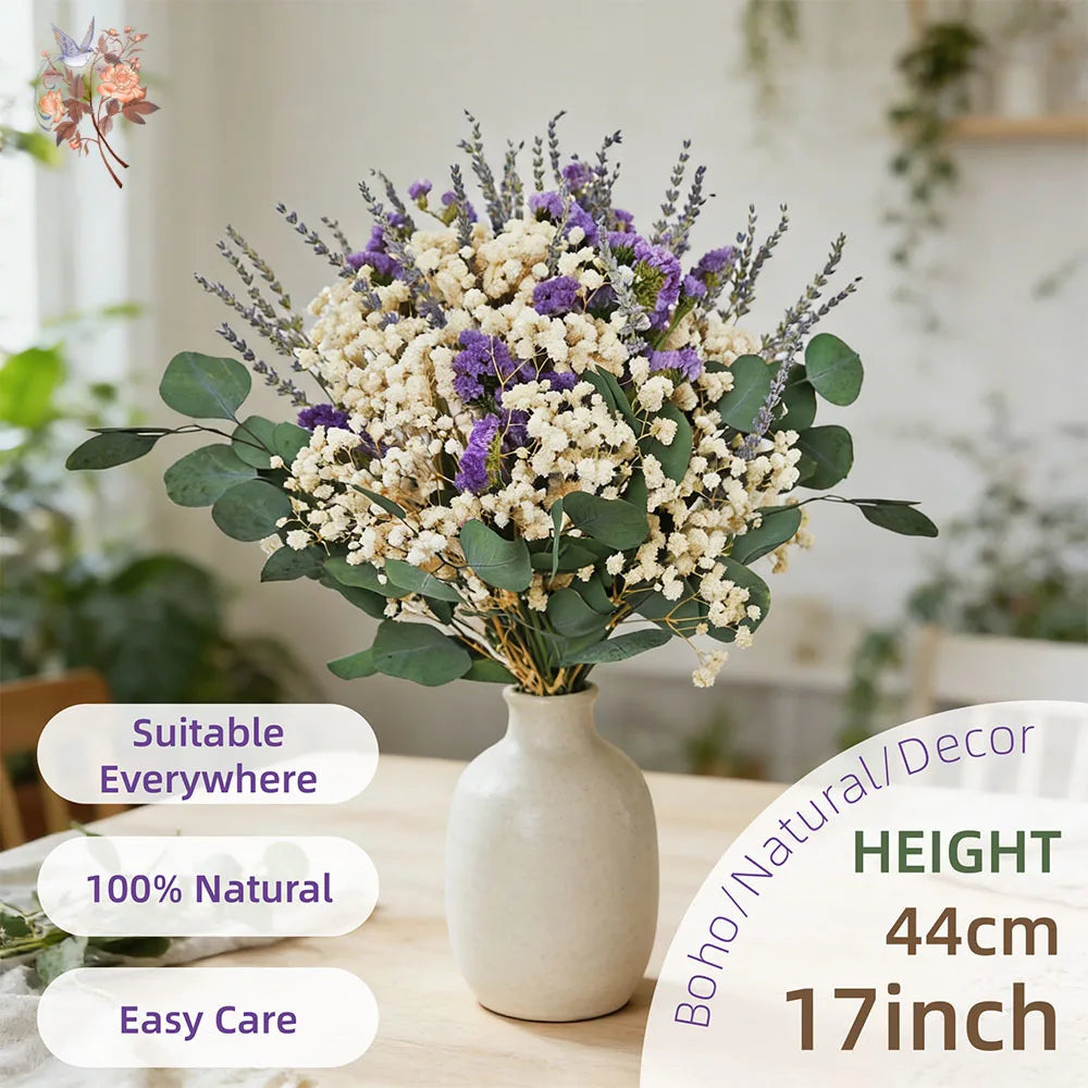Bouquet de fleurs séchées gypsophile, lavande et eucalyptus dans un vase en grès, hauteur 44 cm (17 pouces) - Nesty