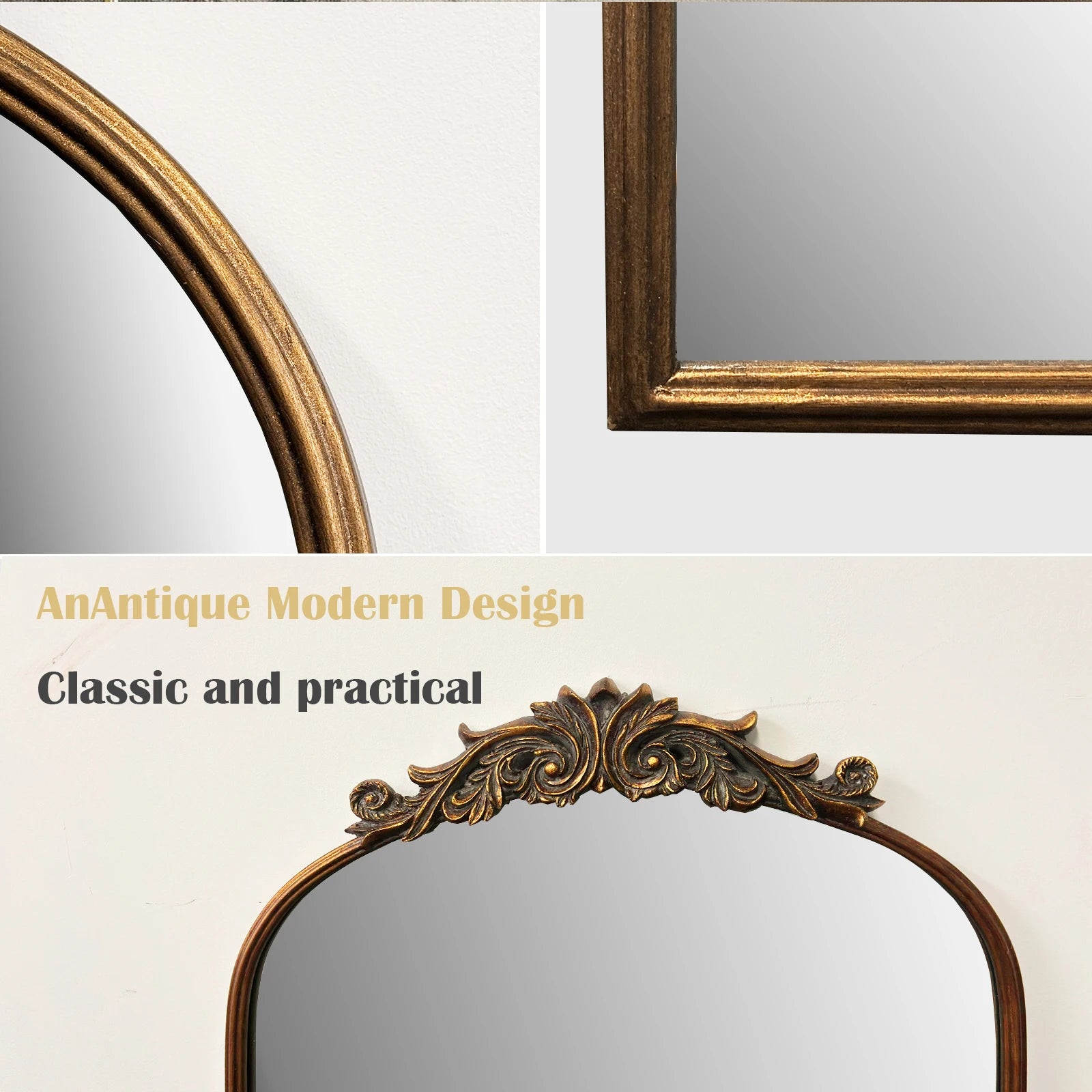 Miroir baroque cintré — relief doré - Nesty, collage gros plan sur les coins du cadre doré et le fronton en relief travaillé