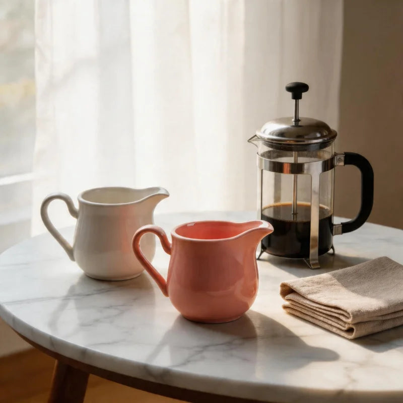 Duo de pichets à lait en céramique pour mousse de lait Nesty, pichet blanc et pichet rose posés côte à côte sur table en marbre, cafetière à piston en fond devant une fenêtre